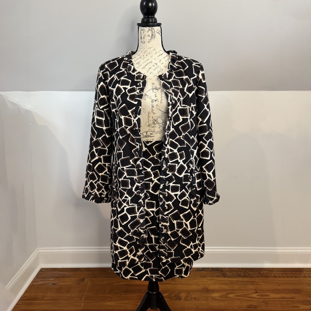 St. John Boutique  Silk Blend Black/Brown Abstract Patterned Skirt + Jacket Set